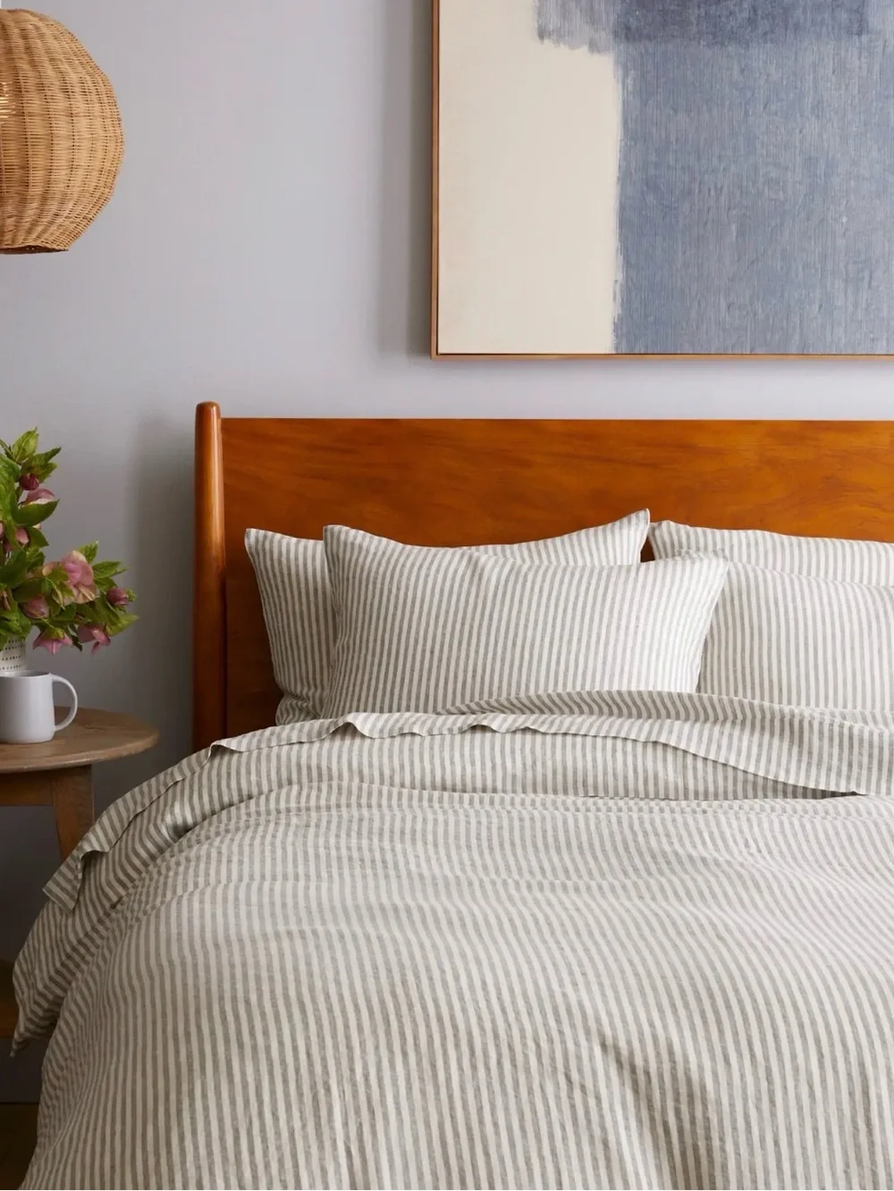 European Linen King/Cal King Grey and White Striped Duvet Set - Retail $224